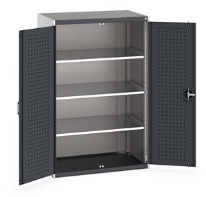 Heavy Duty Bott cubio cupboard with perfo panel lined hinged doors. 1050mm wide x 650mm deep x 1600mm high with 3 x100kg capacity shelves.... Bott Industial Tool Cupboards with Shelves